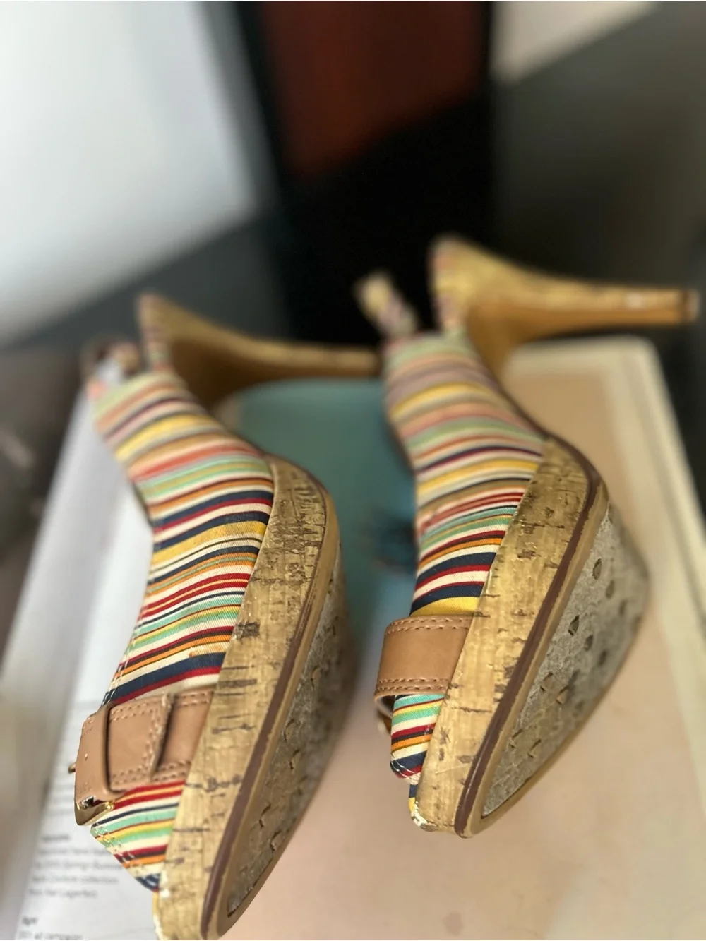 candies 9 Women's Multicolor Striped Peep-Toe Slingback Wedges